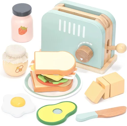 UMU® Tostadora de madera y juego de sándwiches – Incluye tostadora emergente, mantequilla rebanable, accesorios de cocina y más – Juguete de