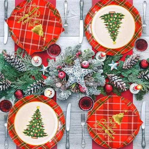 Miniatura 6 de Suministros de fiesta de Navidad Gatherfun, decoración de árbol de Navidad, platos de papel desechables rojos con diseño de cuadros para cena