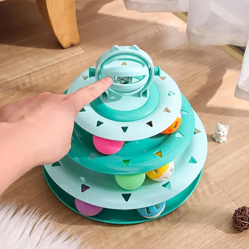 Miniatura 5 de Vealind Rodillo de juguete para gatos, plato giratorio de 4 niveles, bolas de juguetes para gatos con 14 bolas de pompones coloridos, diversión