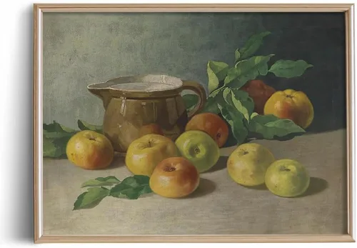 Cuadro de naturaleza muerta de granja para sala de estar, perla de manzana, pintura cálida beige neutra, arte de pared Art Deco para cocina,
