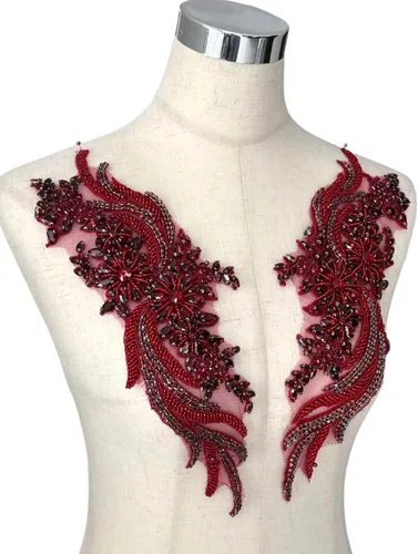 Miniatura 3 de Apliques de Ropa DIY con Cuentas y Pedrería Hechos a Mano, Aplique con Cuentas para Decoración de Vestido de Novia, Aplique de Flores Oro Vino