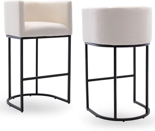 Miniatura 8 de Taburete de bar de lino de 32 pulgadas, taburete moderno de altura de barril con brazo, silla de mostrador tapizada, marco de metal negro para isla