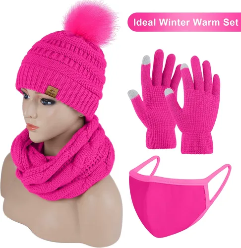 Miniatura 5 de URATOT Conjuntos de punto cálido de invierno, gorro de punto, bufanda, cubierta facial, guantes para pantalla táctil, para hombres y mujeres