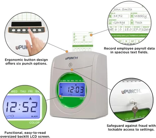 Miniatura 2 de uPunch HN1500, paquete inicial de reloj registrador para pequeñas empresas: sistema de reloj de punzonado para empleados con 100 tarjetas, estante