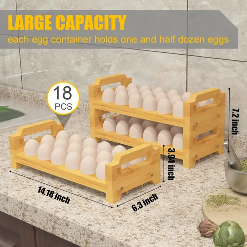 Miniatura 2 de Soporte para huevos de bambú, diseño apilable para huevos frescos, estante de almacenamiento de bandeja de huevos de granja, organizador de encimera
