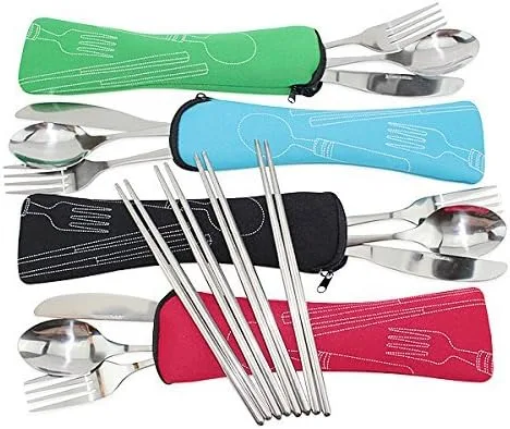 Juego de 4/4 piezas de acero inoxidable (cuchillo, tenedor, cuchara, palillos). Vajilla portátil ligera, para campamento/viaje/oficina con fundas de