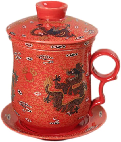 Miniatura 5 de Práctico sistema de preparación de té de hojas sueltas para oficina de viaje, juego de 4 piezas con tapa de taza de té y platillo, flores de peonía