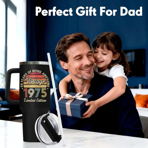 Miniatura 8 de 34HD Regalos de cumpleaños para el Día del Padre, de parte de su hija o hijo, taza de viaje aislada para 50 cumpleaños, clásico de 40 onzas con asa