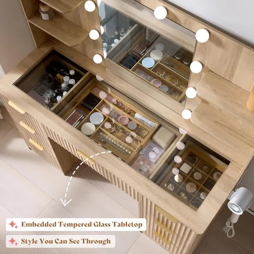 Miniatura 5 de AMERLIFE - Mesa de tocador con acanaladuras de 47.2" con espejo y luces LED ajustables, mesa de maquillaje grande con 7 cajones, tapa de vidrio
