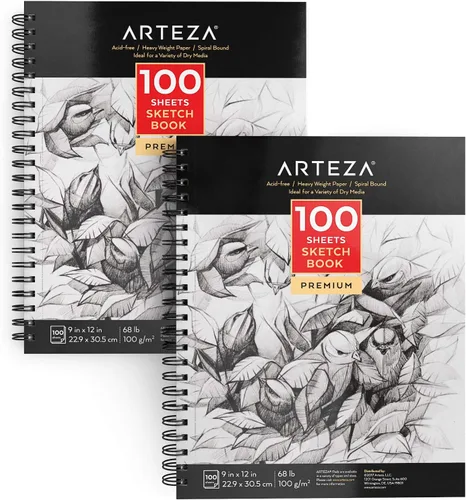ARTEZA Paquete de 2 cuadernos de bocetos, 9 x 12 pulgadas, 200 hojas, encuadernado en espiral, bloc de dibujo sin ácidos de 68 libras para adultos,