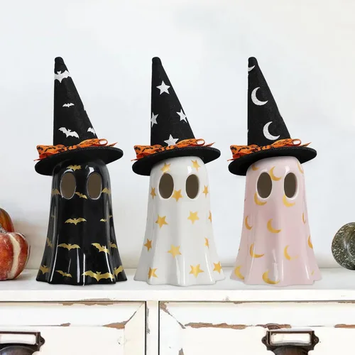 Miniatura 2 de DAZONGE Decoración de Halloween para interiores, juego de 3 fantasmas de cerámica con sombreros de bruja, bonitas figuras de fantasmas espeluznantes