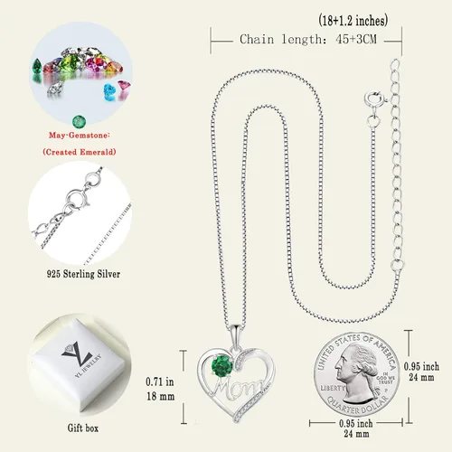 Miniatura 6 de YL Collar de corazón de plata de ley 925 para mujer, colgante de amor a mamá, joyería de piedra natal para madre