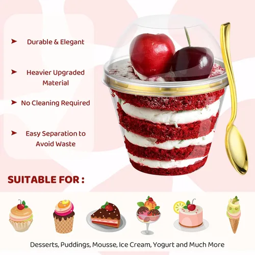 Miniatura 6 de Jinei 50 juegos de tazas de postre de plástico de 9 onzas con tapas de cúpula, cucharas de plástico transparente con borde dorado, vasos de frutas