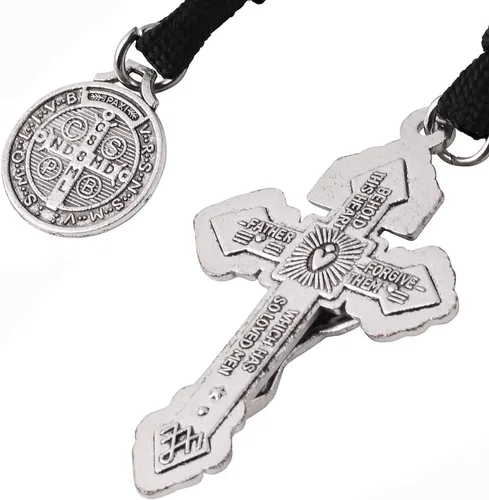 Miniatura 28 de Rosario de bolsillo estilo abierto una década de acero inoxidable rosario católico con crucifijo medalla de San Benito con bolsa de regalo