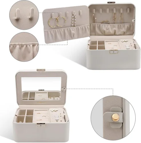 Miniatura 3 de KAMIER Joyero, caja organizadora de joyas de piel sintética de 2 capas, gran capacidad, doble cerradura y espejo grande, ganchos ocultos