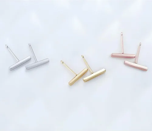 Miniatura 6 de S.Leaf Sterling Silver Stud Earrings for Women Gold Plated Tiny Dot I Bar Earrings Dainty Simple Earrings for Women (14k Gold)