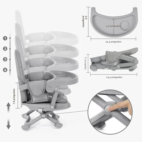 Miniatura 8 de YOLEO Silla alta para bebé, asiento elevador para mesa de comedor, sillas altas plegables con alturas ajustables, asiento elevador de viaje con Gris
