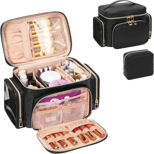 Miniatura 13 de Bagmoly Bolsa de maquillaje grande, organizador portátil de maquillaje para mujeres y niñas con compartimento para brochas de maquillaje y dos