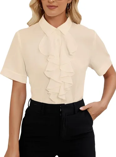 Miniatura 19 de Vrtige Women's Ruffle Front Collar Neck Button Down Short Sleeve Blouse Shirt Top