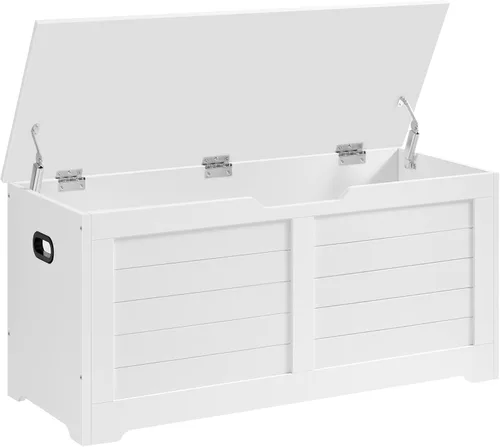 VASAGLE Baúl de almacenamiento, banco de almacenamiento con 2 bisagras de seguridad, estilo casa de campo, 15.7 x 39.4 x 18.1 pulgadas, para Blanco