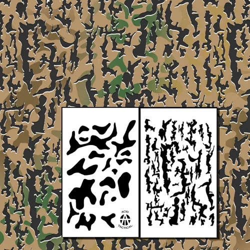 Acid Tactical® Paquete de 2 plantillas de pintura en aerosol para aerógrafo de camuflaje multicámara de corteza de corteza de 9 x 14 – pistola