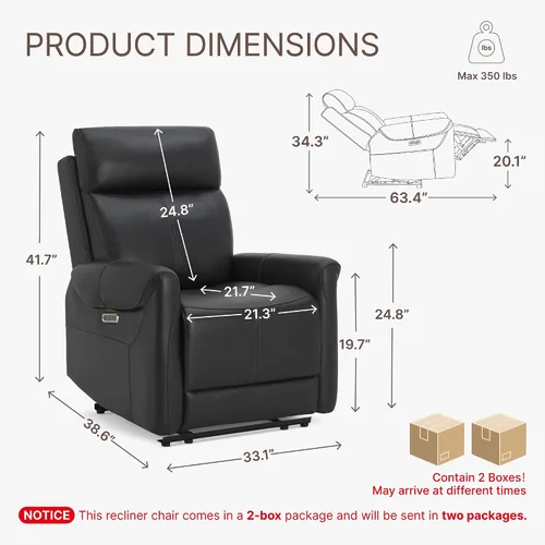 Miniatura 3 de KISLOT Silla reclinable de cuero para adultos, abrazador de pared, RV reclinable con puertos de carga USB, sofá reclinable de energía eléctrica