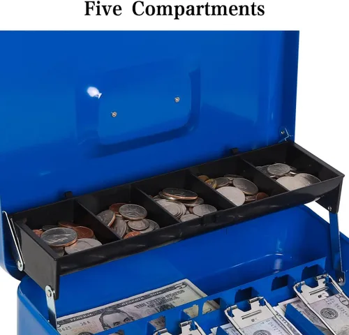 Miniatura 4 de Decaller Caja grande en voladizo con cerradura de combinación, caja de dinero de metal con 5 compartimentos para monedas y 4 clips para billetes