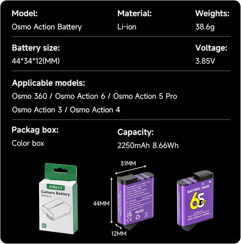 Miniatura 7 de Batería de 2250 mAh para Osmo Action 6, 2 baterías de repuesto, compatible con Osmo 360, Osmo Action 6, Osmo Action 5 Pro, Osmo Action 4, Osmo