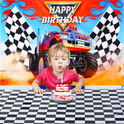 Miniatura 5 de Irenare Los suministros de fiesta de Monster Truck incluyen 1 telón de fondo de camión monstruo, 1 mantel de bandera de plástico a cuadros, telón