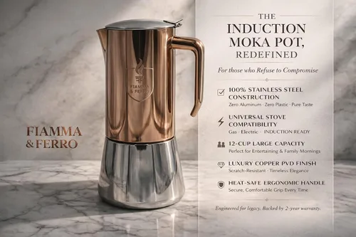 Miniatura 6 de FIAMMA & FERRO Olla italiana para moka de alta calidad, acero inoxidable de 12 tazas (20.3 fl oz), acabado PVD de cobre, compatible con inducción