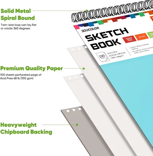 Miniatura 3 de Soucolor - Cuaderno de bocetos de 9 x 12 pulgadas, paquete de 1 de 100 hojas, encuadernado en espiral, libre de ácido (68 libras/100 g/m²), bloc
