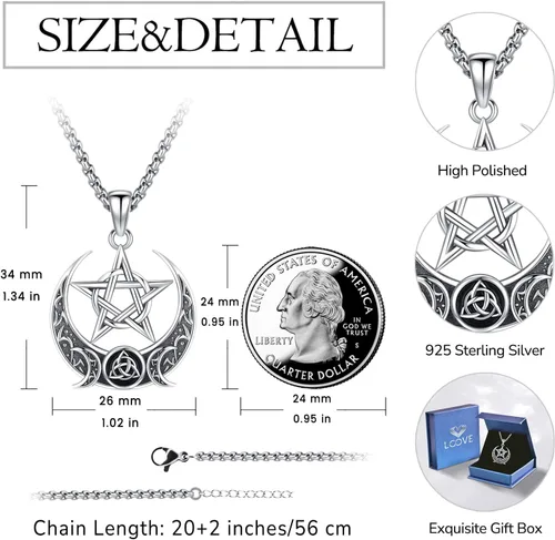 Miniatura 79 de Collar de pentagrama de plata de ley con triple luna, diosa celta, nudo celta, nudo de brujas, Ankh, sol y luna, Hécate, lilith, Santa Muerte
