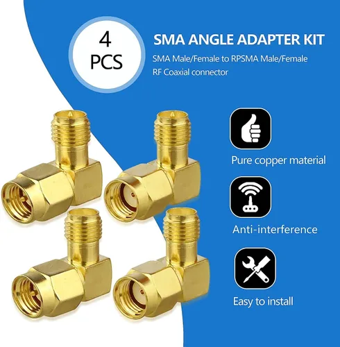 Miniatura 7 de TUOLNK 45 grados SMA macho/hembra a RP SMA hembra/macho Kit de conector de codo para cable de extensión de antena LTE chapado en oro Conector