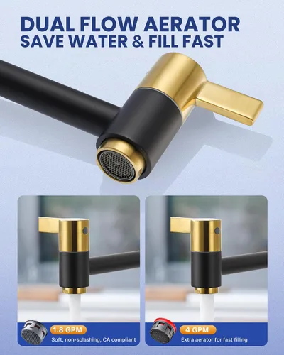 Miniatura 6 de Grifo de Llenado de Ollas Negro y Dorado, ARCORA Moderno Grifo de Llenado de Ollas de Montaje en Pared con 2 Manijas con Brazos Oscilantes de Doble