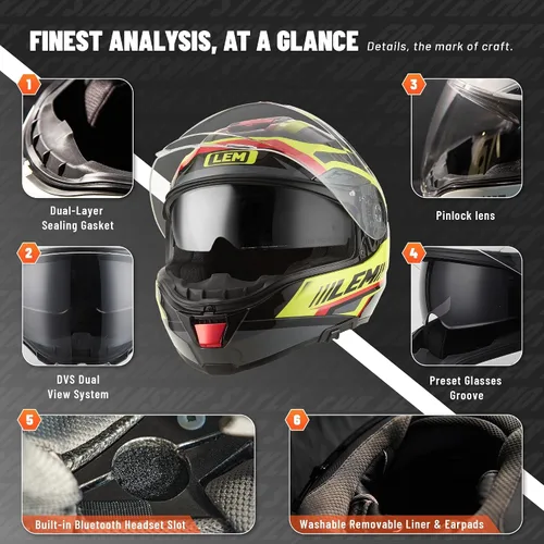 Miniatura 3 de LEM Cascos de motocicleta de cara completa, cascos para hombres, con certificado DOT, PINLOCK y DVS de doble visión, casco de motocicleta de calle