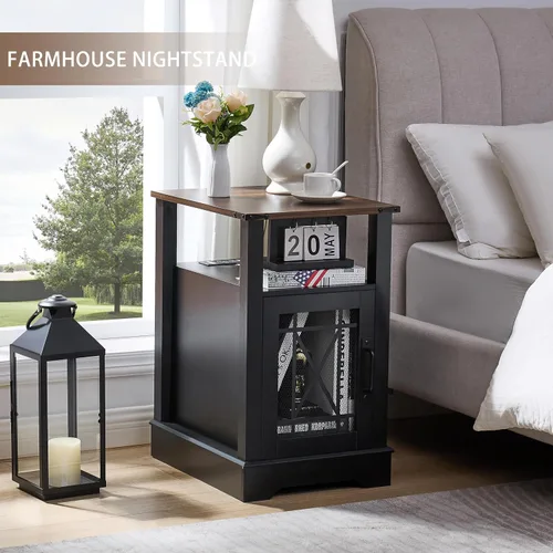 Miniatura 5 de Mesa auxiliar con estación de carga, mesita de noche de granja para sala de estar, mesita de noche negra para muebles de dormitorio, armario