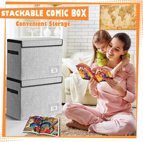 Miniatura 4 de Leffis Almacenamiento de Cómics, Caja de 15.5" X 7.5" X 11.3", Caja Corta Plegable para Cómics con Tapas que Contiene 150 Cómics, Contenedor Gris