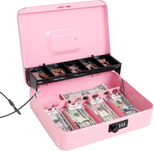 Miniatura 11 de Jssmst - Caja grande de seguridad para dinero con bandeja; caja con cerradura para dinero con cable de seguridad y cerradura de llave, de metal