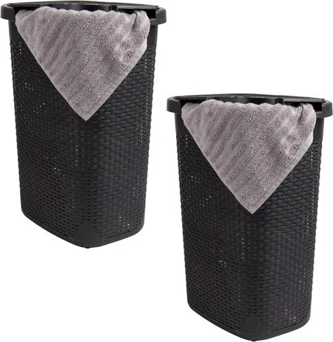 Miniatura 24 de Mind Reader Cesta de lavandería delgada con tapa, cestas de ropa de 60L, diseño de mimbre premium, plástico, paquete de 2, rosa