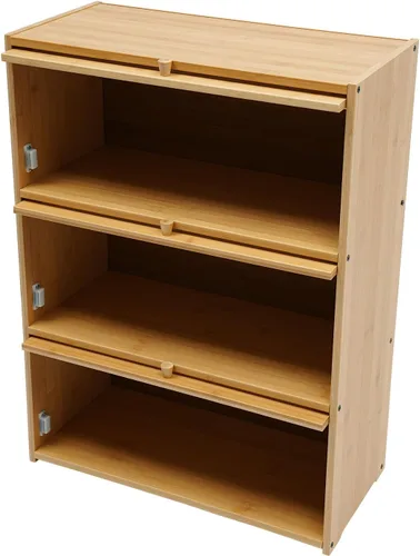Miniatura 7 de Armario de almacenamiento de bambú de 3 niveles, aparador de encimera de despensa de cocina con estante organizador de puerta abatible