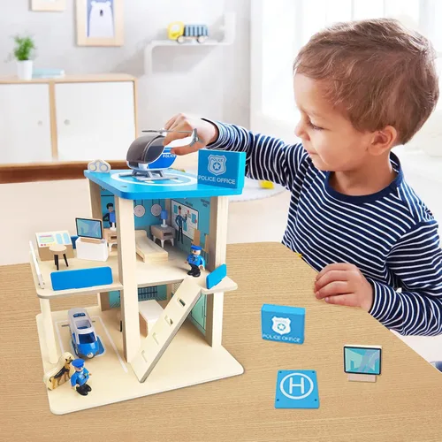 Miniatura 6 de Juego de juguete de estación de policía de madera, set de casa de muñecas de juego de simulación multicolor de 3 niveles con figuras, coche
