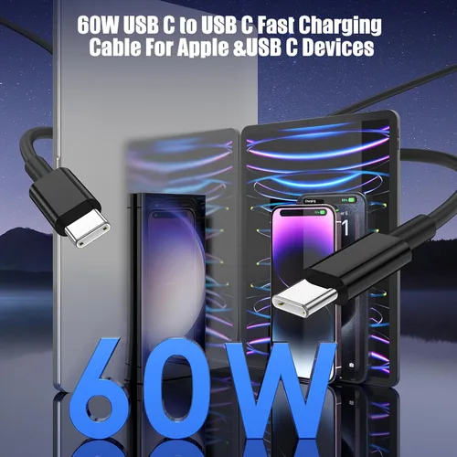 Miniatura 3 de Pack de 3 cables negros [1 mt + 2 mt + 3 mt] 60 W USB C a USB C, cable de carga rápida tipo C para iPhone 17 16e 16 15 Pro Plus Pro Max, para Galaxy