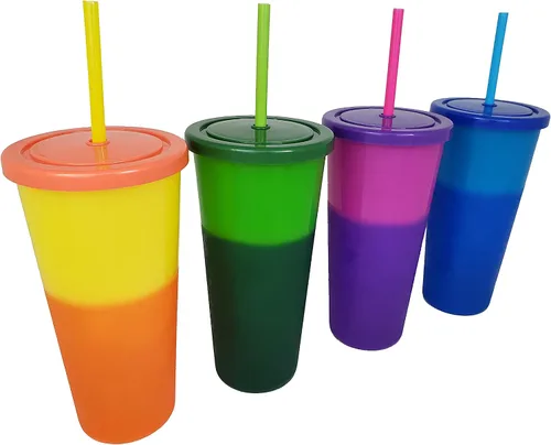 Miniatura 6 de Juego de 4 vasos de plástico reutilizables de 24 onzas con tapas de rosca y popotes