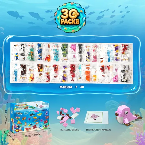 Miniatura 9 de Paquete de 30 recuerdos de fiesta de animales para niños, 824 piezas de juguetes de bloques de construcción de animales marinos para bolsas