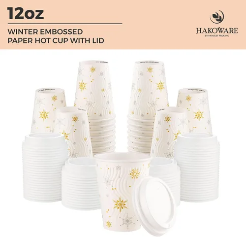Miniatura 2 de Harvest Pack - Juego de 100 tazas de café desechables de Navidad de 12 onzas con tapas, tazas de papel caliente aisladas con copos de nieve blancos