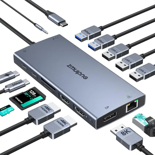 Miniatura 14 de Hub USB C Estación de acoplamiento USB C Monitor dual 4K@60Hz+DP 8K@30Hz para Dell HP, Estación de acoplamiento para portátil 3 monitores 15 en 1