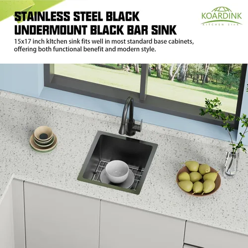 Miniatura 2 de Fregadero de cocina y bar negro de 15 x 17 pulgadas, fregadero de acero inoxidable con rejilla SS, alfombrilla de silicona, colador, colador