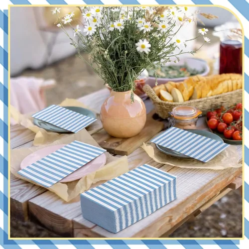 Miniatura 2 de Geyoga 200 servilletas de papel a rayas azules y blancas clásicas de papel a rayas horizontales desechables para baño, invitados, cena, servilletas