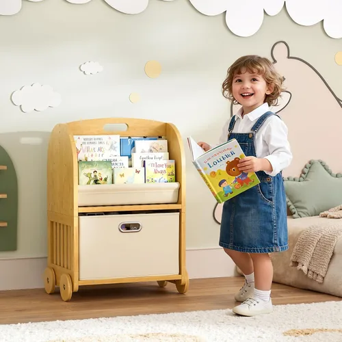 Miniatura 7 de Estantería de bambú de 2 lados y 3 niveles para niños, estante Montessori con ruedas seguras y cajón de almacenamiento grande, estantería
