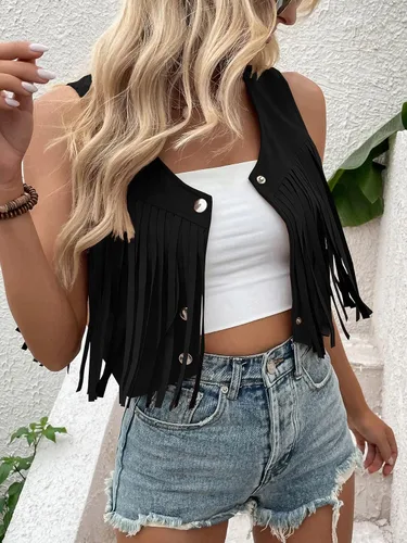 Miniatura 4 de Verdusa Chaleco de ante con borlas para mujer, sin mangas, con flecos, chaqueta corta hippie